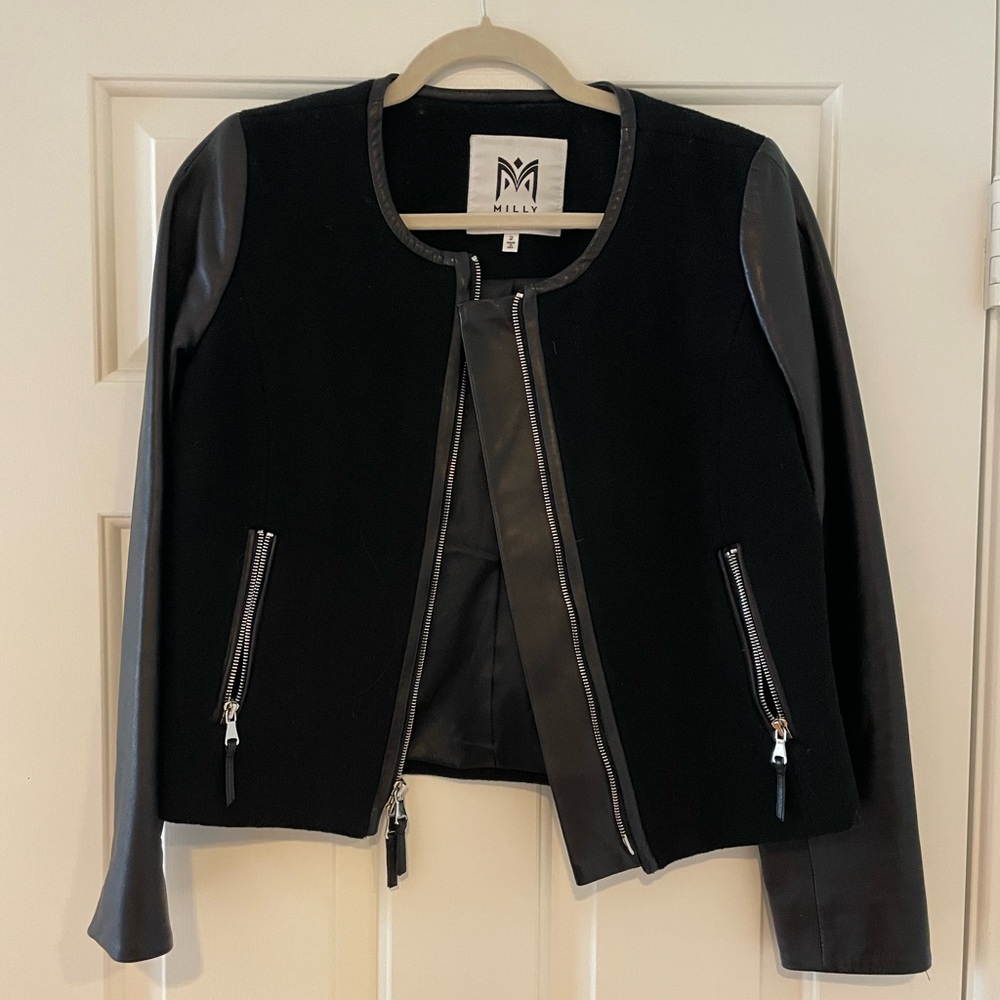 Milly Black Wool-Body Jacket with Leather Sleeves